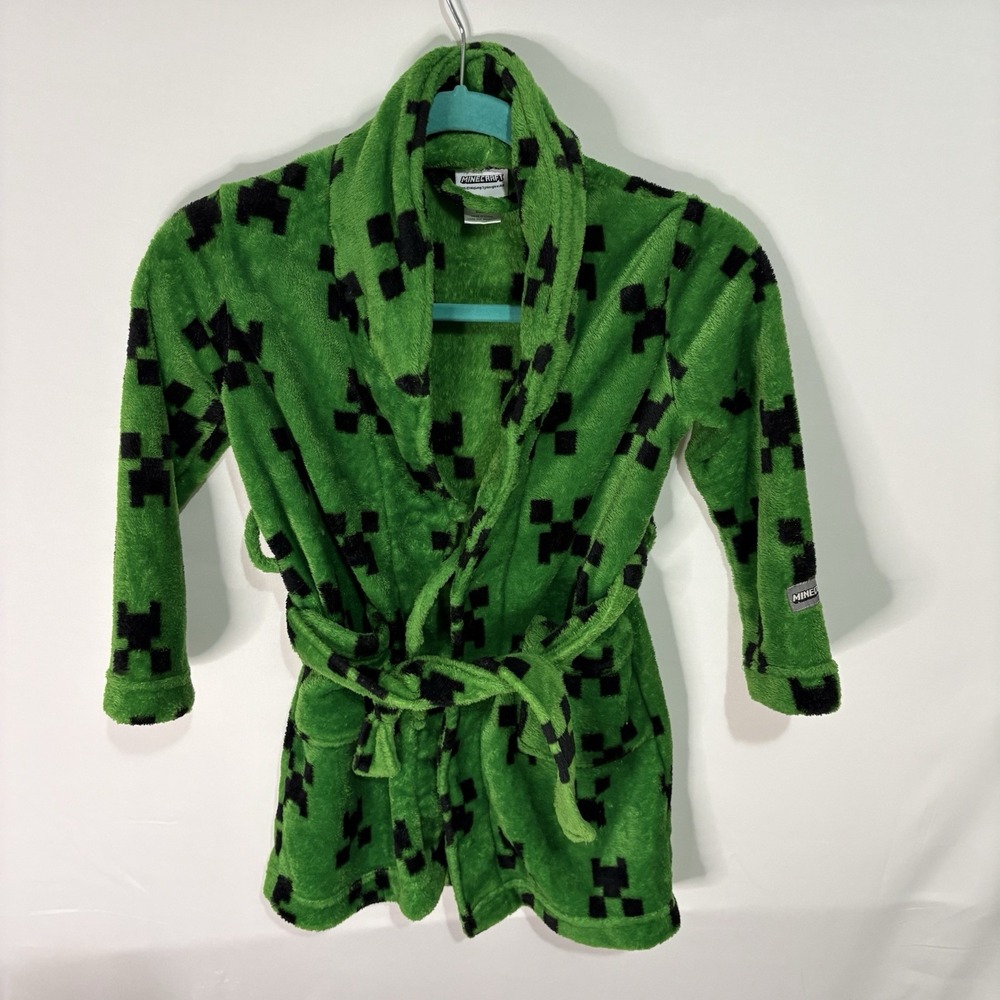 Minecraft Bath Robe Green Creeper Mojang Boys Kids Size 6 Plush Fleece Robe